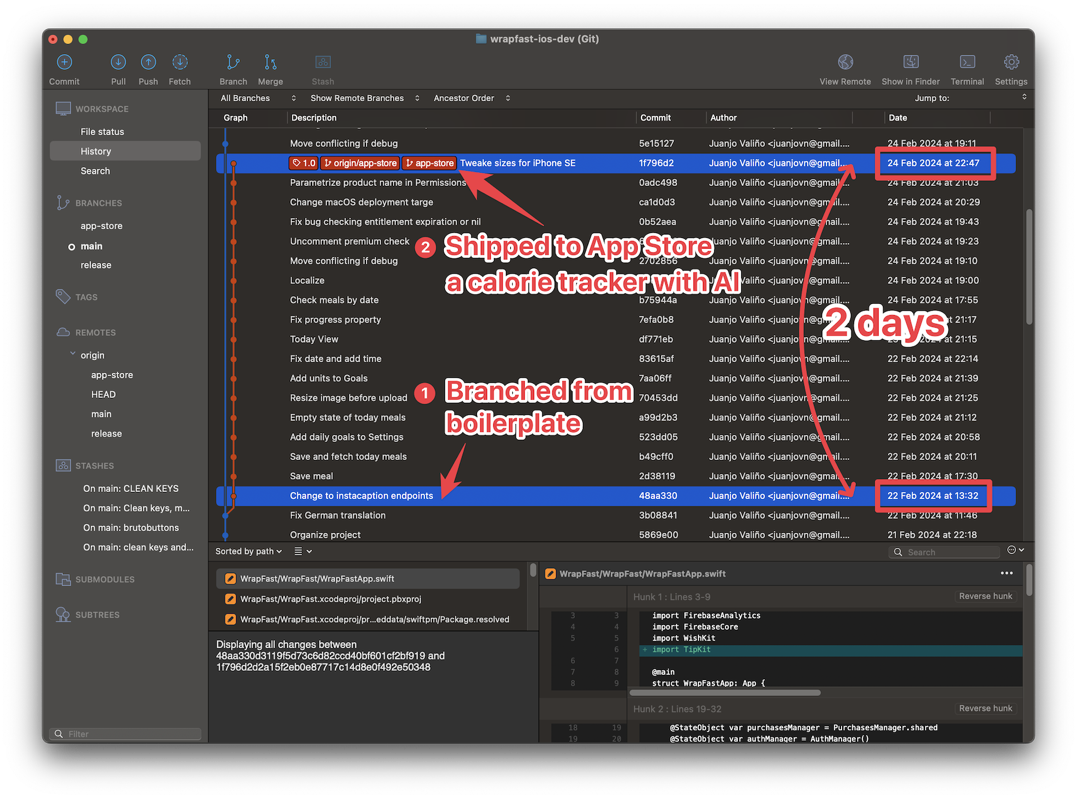 WrapFast Calorie Counter git log screenshot